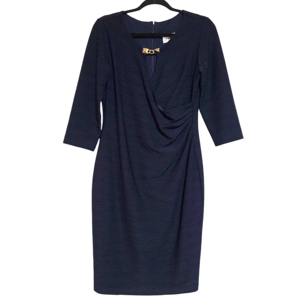 Joseph Ribkoff Faux Wrap Navy Blue Textured Knit Sheath Dress V-Neck Women's 12